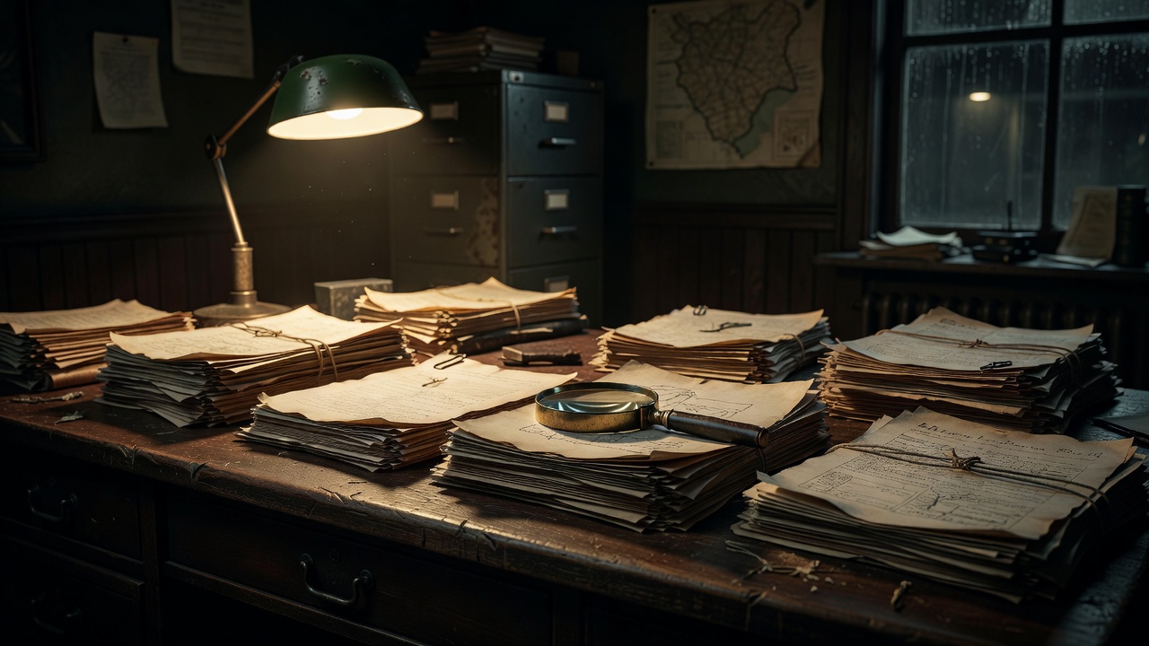Cinematic vintage detective desk with case files and a magnifying glass in a noir atmosphere